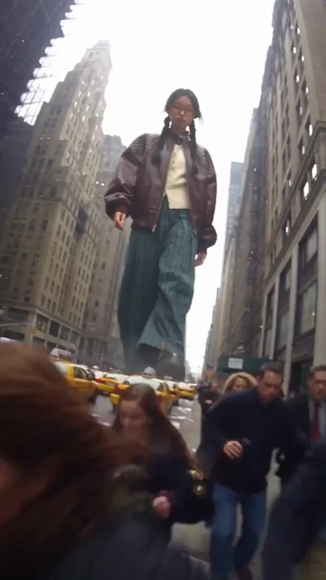 Street colossus visual effects preview: A person appears at giant scale among city buildings.