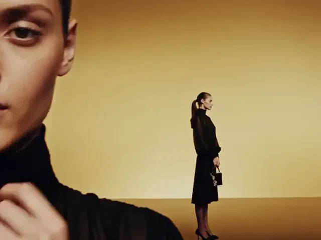 Studio slide visual effects preview: Layered copies of a fashion portrait slide across a clean studio background.